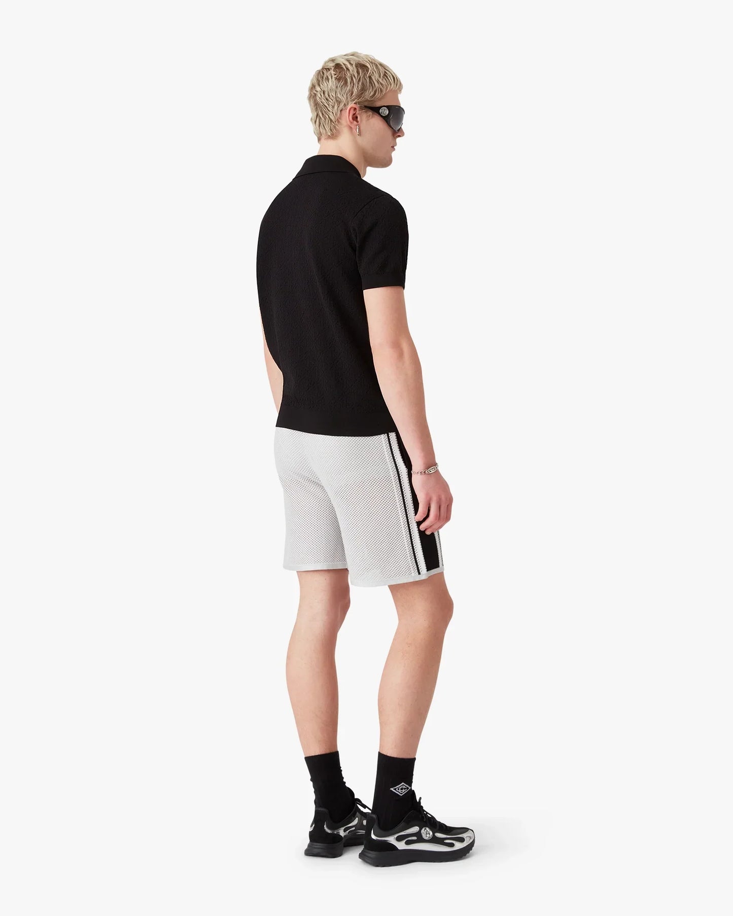 Black Pointelle Monogram Short Sleeve Polo Shirt