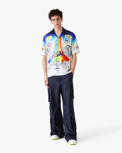 Solid Grooves Short Sleeve Silk Shirt