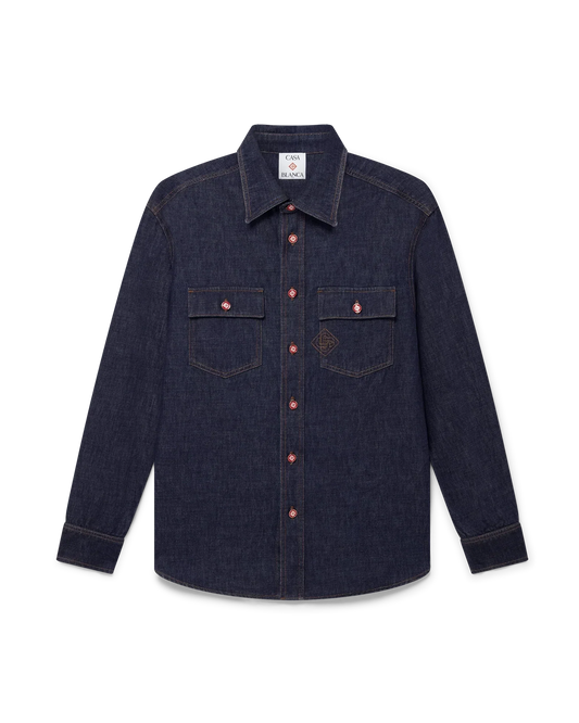 Denim Short Sleeve Shirt with Logo Embroidery