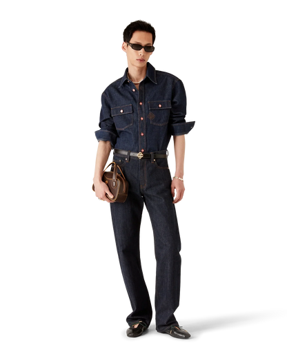 Denim Short Sleeve Shirt with Logo Embroidery