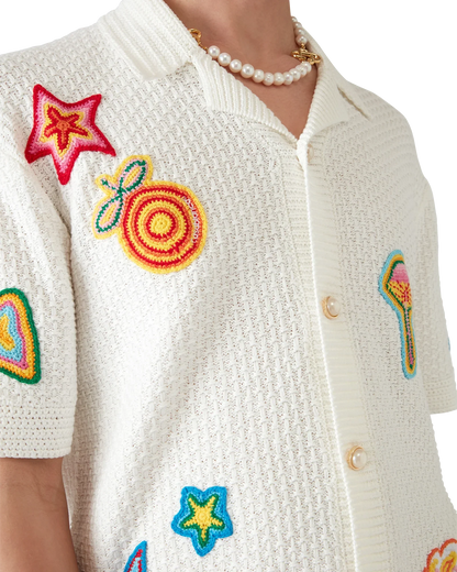 Motif Short Sleeve Crochet Shirt