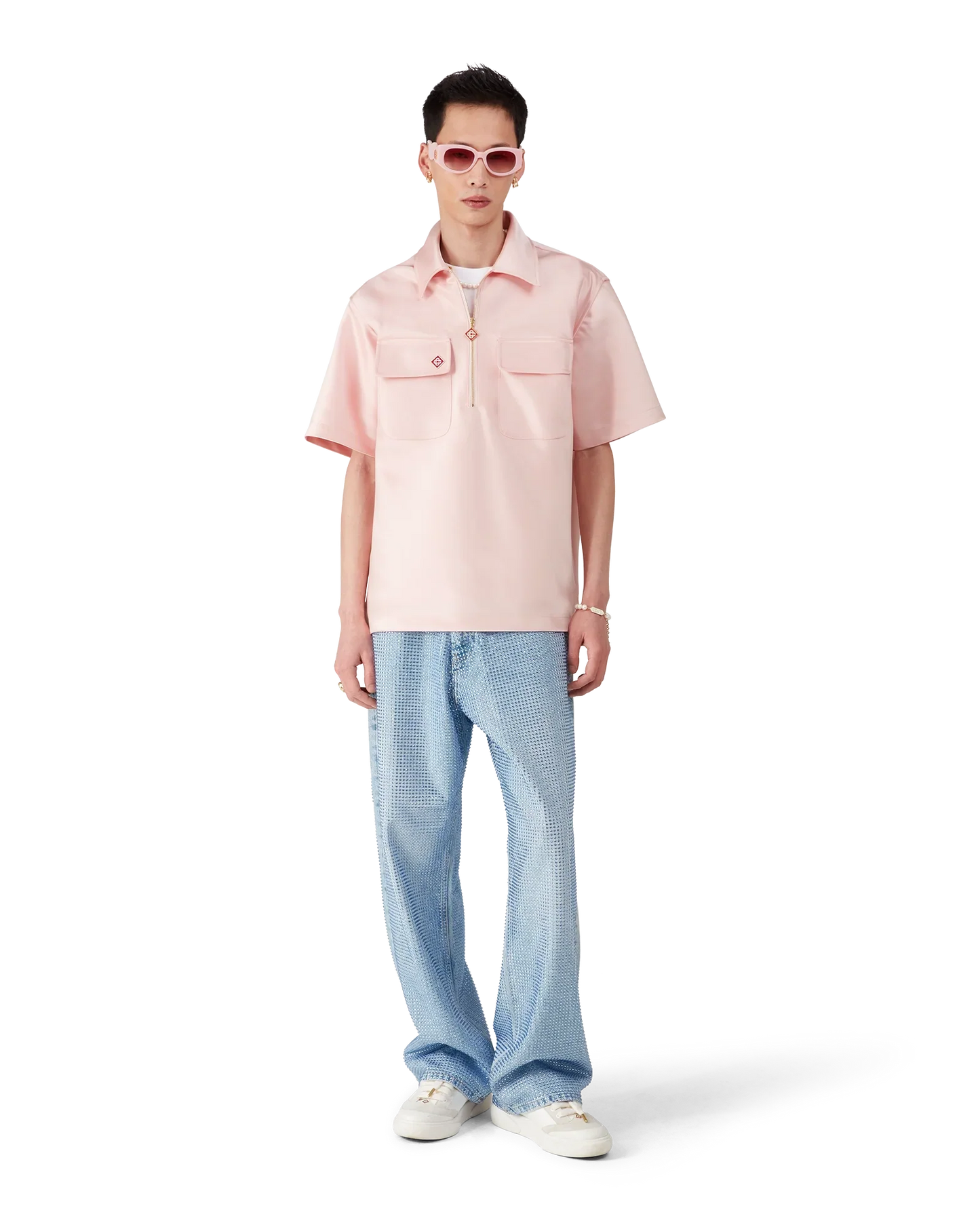 Satin Quarter Short Sleeve Zip Shirt