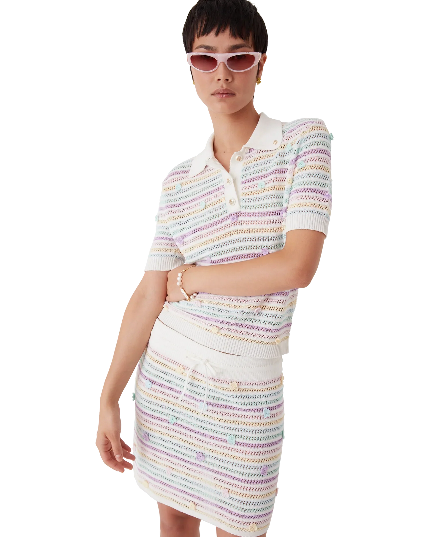Flower Stripe Cotton Crochet Polo