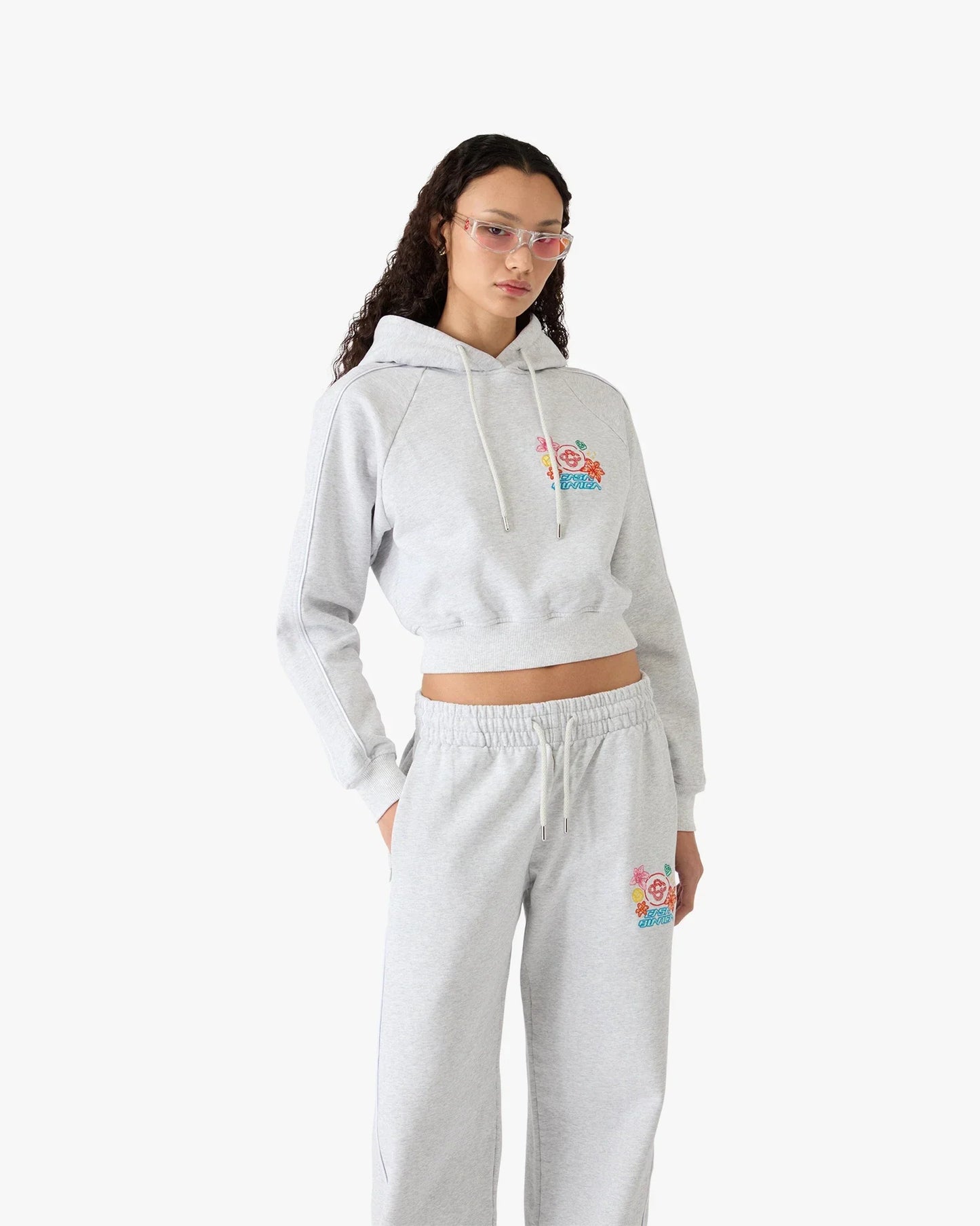 Grey Embroidered Cropped Hooded Sweatshirt